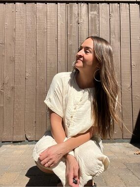 Free People Cream Button-Front Oversized  Balloon Hem Womens Gauze Tunic Top